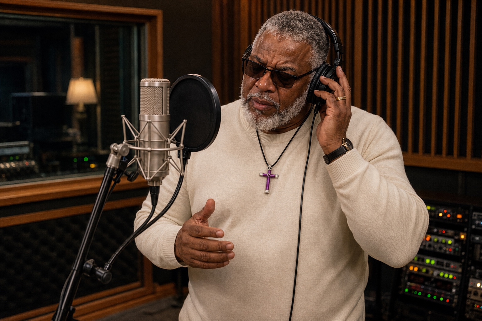 The Elder King Latham at the microphone in the recording booth, headphones on